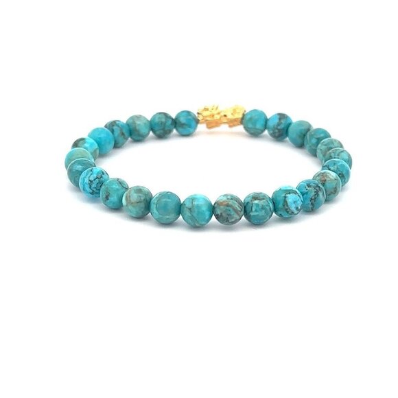 18K Gold Pixiu Piyao Bracelet Natural Gemstones Turquoise 6mm Elastic Bracelet - Picture 3 of 5